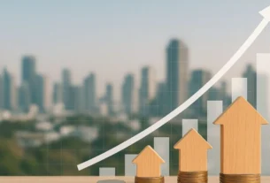 Fundos Imobiliários: Como começar a investir do zero em 2025 16 Representação realista de investimentos em fundos imobiliários em 2025, mostrando casas em miniatura de madeira sobre moedas empilhadas com gráfico de crescimento financeiro ao fundo e cidade desfocada.