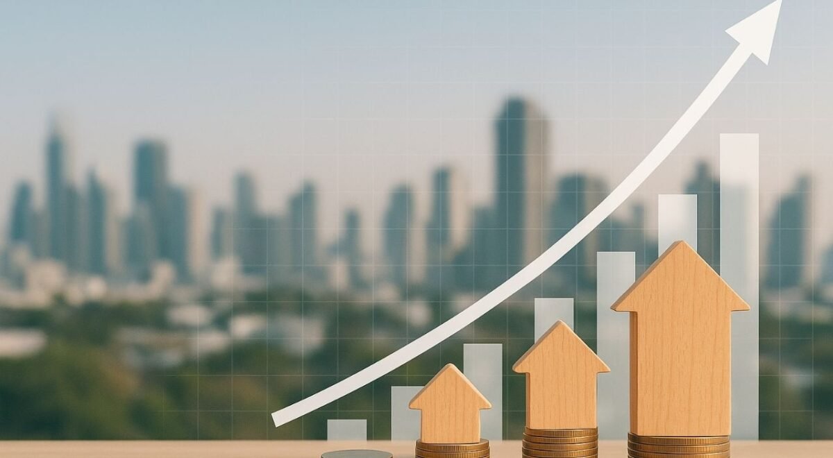 Fundos Imobiliários: Como começar a investir do zero em 2025 1 Representação realista de investimentos em fundos imobiliários em 2025, mostrando casas em miniatura de madeira sobre moedas empilhadas com gráfico de crescimento financeiro ao fundo e cidade desfocada.
