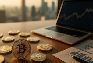 Criptomoedas em 2025: Guia para Iniciantes 8 Moedas de Bitcoin e Ethereum sobre mesa com notebook exibindo gráfico financeiro, simbolizando investimentos em criptomoedas em 2025.