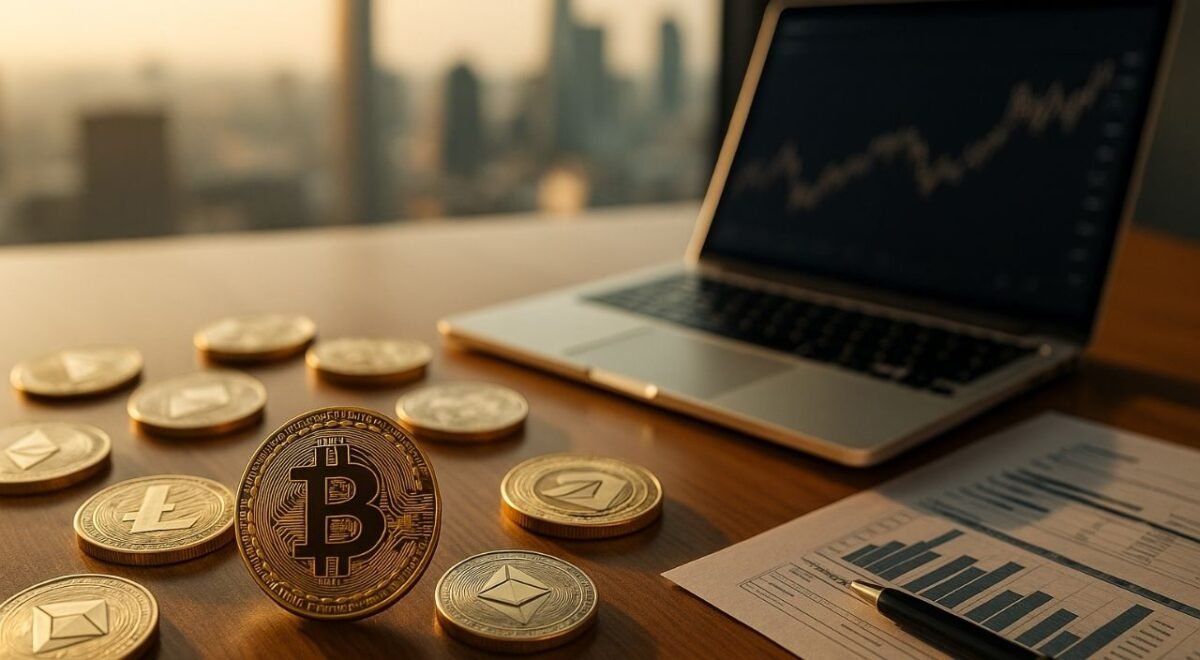 Moedas de Bitcoin e Ethereum sobre mesa com notebook exibindo gráfico financeiro, simbolizando investimentos em criptomoedas em 2025.