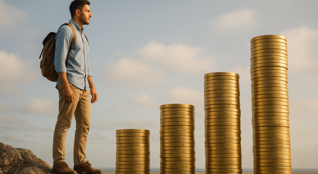 Investimentos: por que começar cedo faz diferença em 2025 2 Homem jovem com mochila observa quatro pilhas crescentes de moedas douradas sobre uma pedra, simbolizando o crescimento financeiro ao longo do tempo, sob um céu claro.