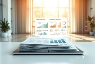 Planejamento Financeiro Pessoal: Passos para Estabilidade 4 Documentos financeiros e gráficos de planejamento financeiro e investimentos sobre aposentadoria em um escritório iluminado.