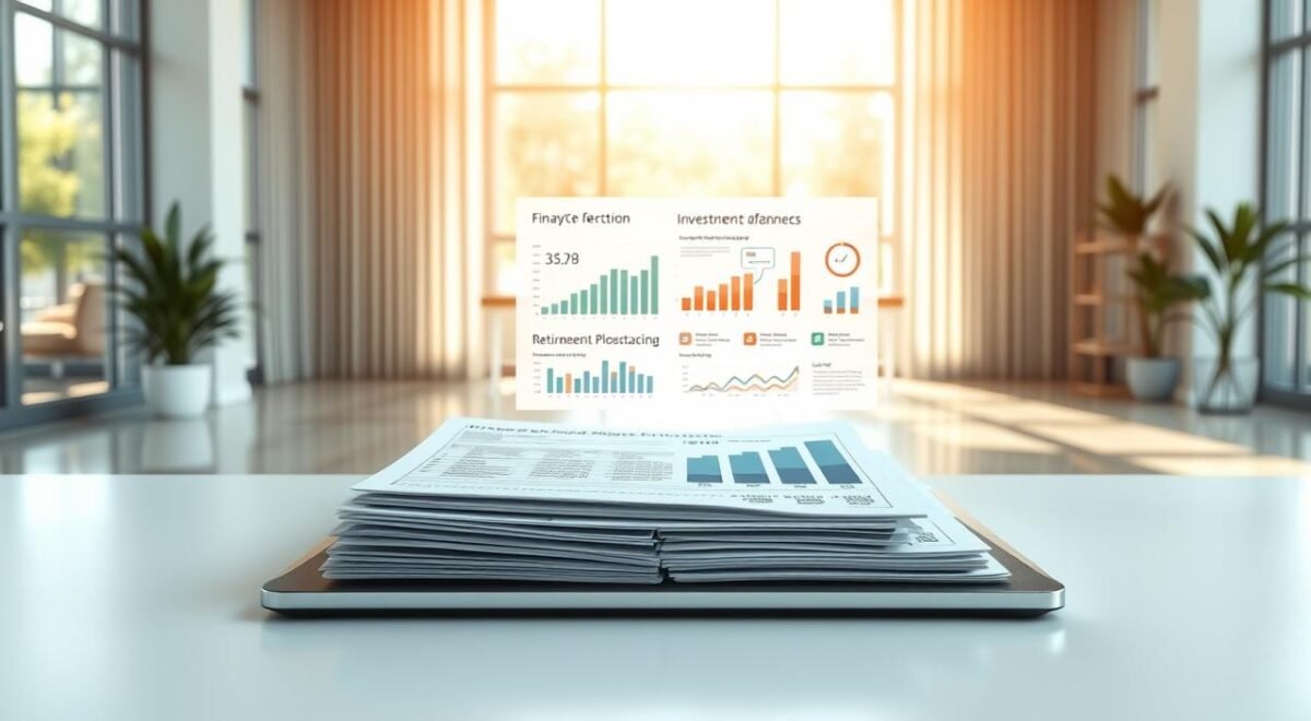 Planejamento Financeiro Pessoal: Passos para Estabilidade 1 Documentos financeiros e gráficos de planejamento financeiro e investimentos sobre aposentadoria em um escritório iluminado.