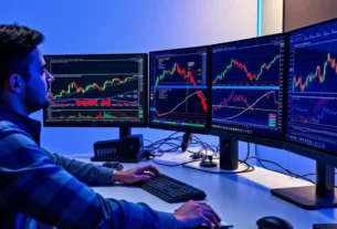 Criptomoedas Promissoras para 2026: As 7 Melhores para Investir 25 Investidor analisando gráficos de criptomoedas promissoras para 2026 em múltiplos monitores