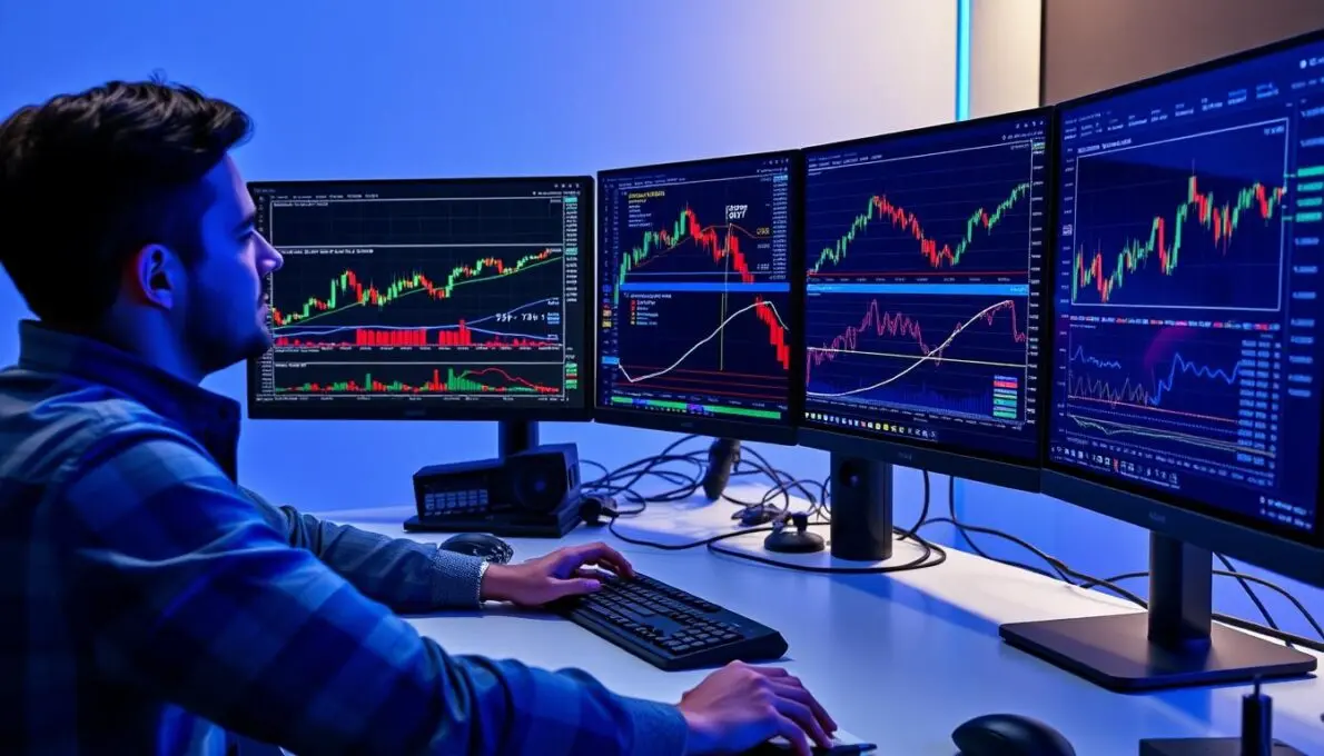 Investidor analisando gráficos de criptomoedas promissoras para 2026 em múltiplos monitores