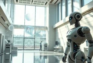 Como Ganhar Dinheiro com IA: 9 Estratégias Lucrativas 6 Um ambiente de laboratório futurista e de alta tecnologia que apresenta diversos exemplos de inteligência artificial. Em primeiro plano, um robô humanoide se destaca, com seus membros e circuitos mecânicos visíveis, simbolizando a robótica avançada e a automação da IA. No plano central, um display holográfico projeta intrincados modelos 3D, algoritmos e visualizações de dados, representando os complexos processos computacionais subjacentes aos sistemas de IA. O fundo apresenta uma arquitetura elegante e minimalista, com grandes janelas, permitindo a entrada de luz natural e destacando a natureza inovadora e de ponta da tecnologia de IA em exibição. A atmosfera geral transmite uma sensação de admiração, progresso e o potencial ilimitado da inteligência artificial.