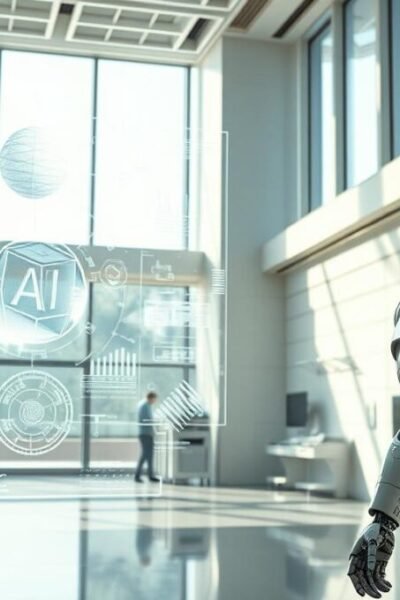 Um ambiente de laboratório futurista e de alta tecnologia que apresenta diversos exemplos de inteligência artificial. Em primeiro plano, um robô humanoide se destaca, com seus membros e circuitos mecânicos visíveis, simbolizando a robótica avançada e a automação da IA. No plano central, um display holográfico projeta intrincados modelos 3D, algoritmos e visualizações de dados, representando os complexos processos computacionais subjacentes aos sistemas de IA. O fundo apresenta uma arquitetura elegante e minimalista, com grandes janelas, permitindo a entrada de luz natural e destacando a natureza inovadora e de ponta da tecnologia de IA em exibição. A atmosfera geral transmite uma sensação de admiração, progresso e o potencial ilimitado da inteligência artificial.