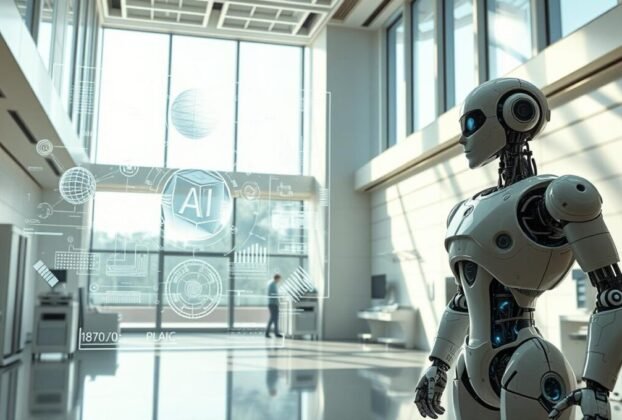 Um ambiente de laboratório futurista e de alta tecnologia que apresenta diversos exemplos de inteligência artificial. Em primeiro plano, um robô humanoide se destaca, com seus membros e circuitos mecânicos visíveis, simbolizando a robótica avançada e a automação da IA. No plano central, um display holográfico projeta intrincados modelos 3D, algoritmos e visualizações de dados, representando os complexos processos computacionais subjacentes aos sistemas de IA. O fundo apresenta uma arquitetura elegante e minimalista, com grandes janelas, permitindo a entrada de luz natural e destacando a natureza inovadora e de ponta da tecnologia de IA em exibição. A atmosfera geral transmite uma sensação de admiração, progresso e o potencial ilimitado da inteligência artificial.