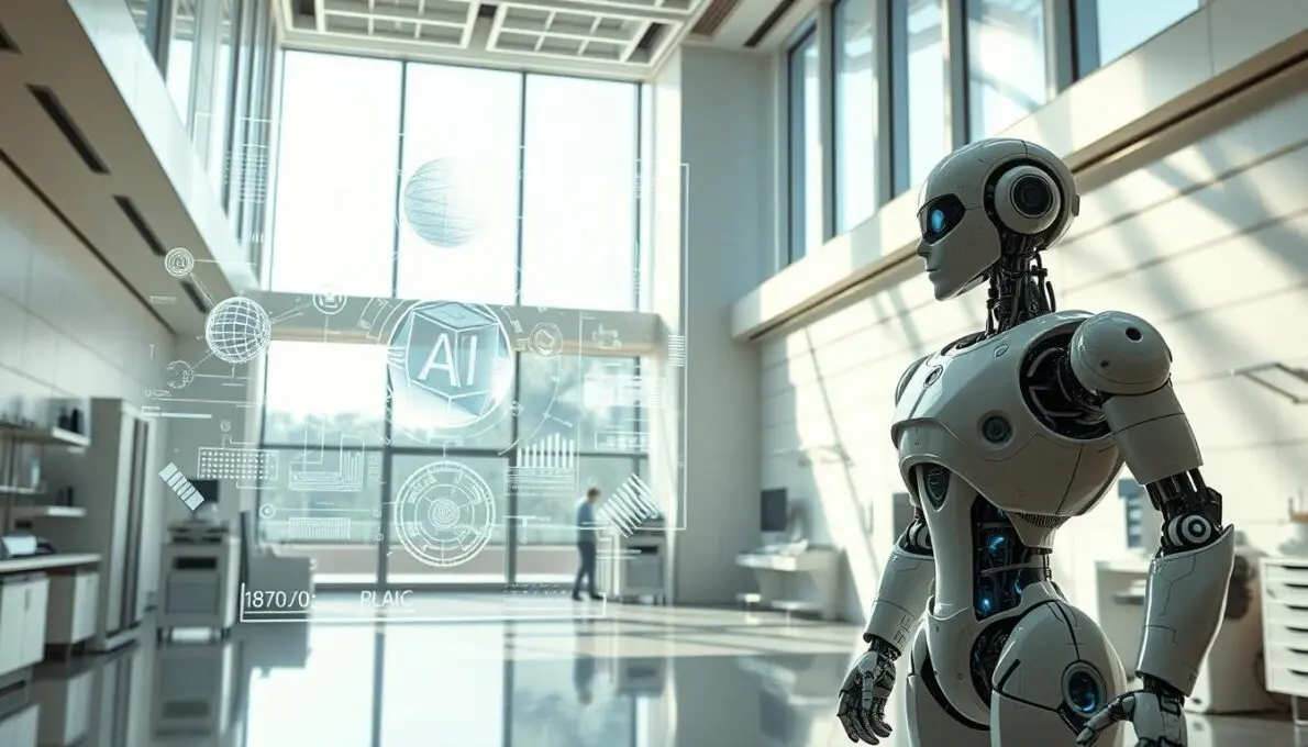 Como Ganhar Dinheiro com IA: 9 Estratégias Lucrativas 24 Um ambiente de laboratório futurista e de alta tecnologia que apresenta diversos exemplos de inteligência artificial. Em primeiro plano, um robô humanoide se destaca, com seus membros e circuitos mecânicos visíveis, simbolizando a robótica avançada e a automação da IA. No plano central, um display holográfico projeta intrincados modelos 3D, algoritmos e visualizações de dados, representando os complexos processos computacionais subjacentes aos sistemas de IA. O fundo apresenta uma arquitetura elegante e minimalista, com grandes janelas, permitindo a entrada de luz natural e destacando a natureza inovadora e de ponta da tecnologia de IA em exibição. A atmosfera geral transmite uma sensação de admiração, progresso e o potencial ilimitado da inteligência artificial.