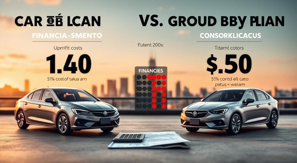 A detailed side-by-side comparison of a car loan (financiamento) and a group buying plan (consórcio). The foreground features two car models, one on the left and one on the right, positioned to highlight their distinct financing methods. The middle ground depicts a financial calculator and documents to represent the costs and terms of each option. The background showcases a modern city skyline with a warm, golden-hour lighting that sets a contemplative mood. The scene emphasizes the key factors to consider when choosing between a car loan or a group buying plan, such as upfront costs, total expenses, and timeline. A detailed side-by-side comparison of a car loan (financiamento) and a group buying plan (consórcio). The foreground features two car models, one on the left and one on the right, positioned to highlight their distinct financing methods. The middle ground depicts a financial calculator and documents to represent the costs and terms of each option. The background showcases a modern city skyline with a warm, golden-hour lighting that sets a contemplative mood. The scene emphasizes the key factors to consider when choosing between a car loan or a group buying plan, such as upfront costs, total expenses, and timeline.