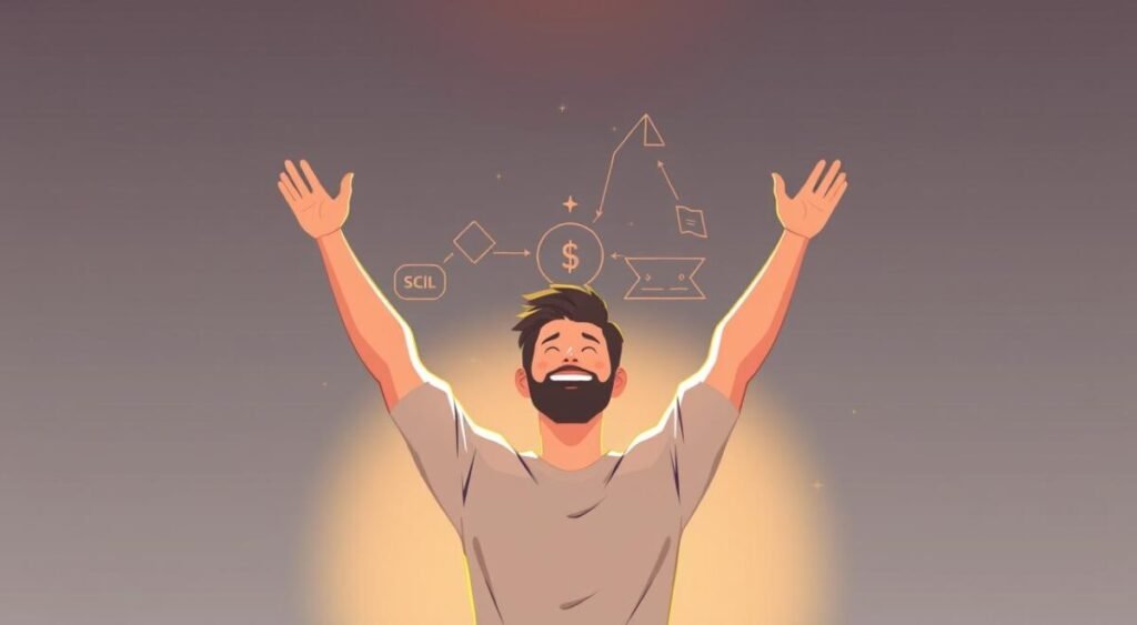 A modern, minimalist illustration of a person celebrating their "consórcio contemplado" (winning a group financing contract). The foreground features a smiling individual raising their hands in joy, surrounded by a soft, warm lighting. The middle ground showcases a stylized representation of the "consórcio" process, with geometric shapes and lines suggesting the financial mechanisms at play. The background is a simple, gradient-based environment, creating a sense of focus on the central figure and their moment of triumph. The overall atmosphere is one of accomplishment, financial security, and personal satisfaction. A modern, minimalist illustration of a person celebrating their "consórcio contemplado" (winning a group financing contract). The foreground features a smiling individual raising their hands in joy, surrounded by a soft, warm lighting. The middle ground showcases a stylized representation of the "consórcio" process, with geometric shapes and lines suggesting the financial mechanisms at play. The background is a simple, gradient-based environment, creating a sense of focus on the central figure and their moment of triumph. The overall atmosphere is one of accomplishment, financial security, and personal satisfaction.