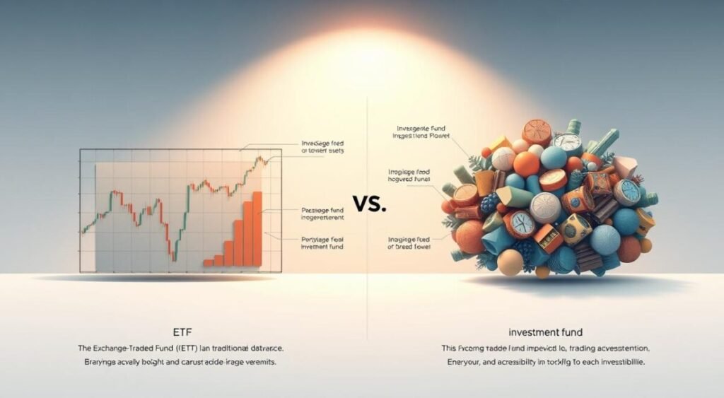 A detailed illustration contrasting the key differences between an Exchange-Traded Fund (ETF) and a traditional investment fund. The foreground depicts the distinct structures, with the ETF represented by a stock chart and the investment fund by a portfolio of diverse assets. The middle ground showcases the unique trading mechanisms, liquidity, and accessibility of each investment vehicle. The background features a clean, minimalist design with subtle gradients and geometric shapes to convey a sense of balance and clarity. Soft, directional lighting highlights the comparative details, creating depth and emphasizing the core concepts. The overall mood is informative and visually engaging, guiding the viewer through the distinct characteristics of these two investment options.
