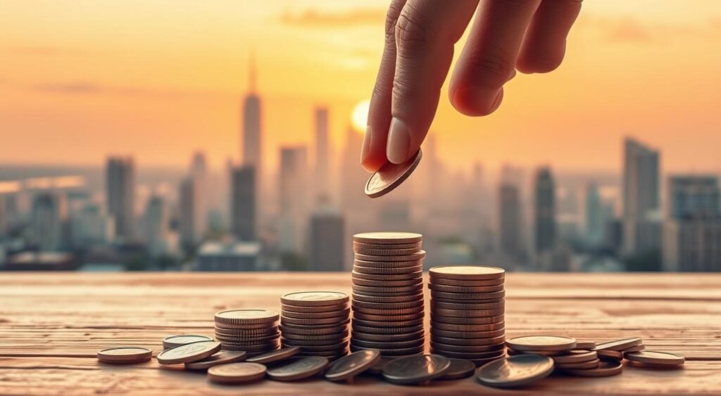 A serene and prosperous scene of investing in ETFs (exchange-traded funds). In the foreground, a person's hand delicately places a coin into a growing stack, symbolizing the steady accumulation of wealth. The middle ground features a cityscape with skyscrapers and financial institutions, representing the broader market. The background depicts a warm, golden-hued sunset, evoking a sense of optimism and long-term financial security. The lighting is soft and diffused, creating a calming and inviting atmosphere. The camera angle is slightly elevated, providing a bird's-eye view of the scene, conveying a sense of control and mastery over one's financial future.